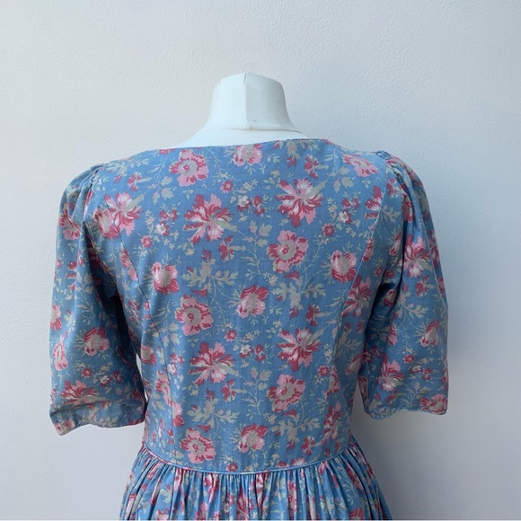 Vintage Laura Ashley Size 14 Cotton Tea Dress Button Front Blue Cornflower Pink - Picture 12 of 13